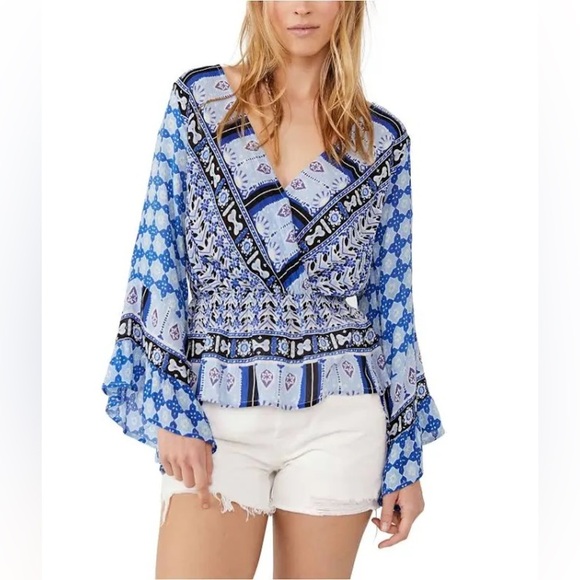 Free People Rosalie Wrap Top Indigo Blue Bohemian EUC Size Small - Picture 1 of 6